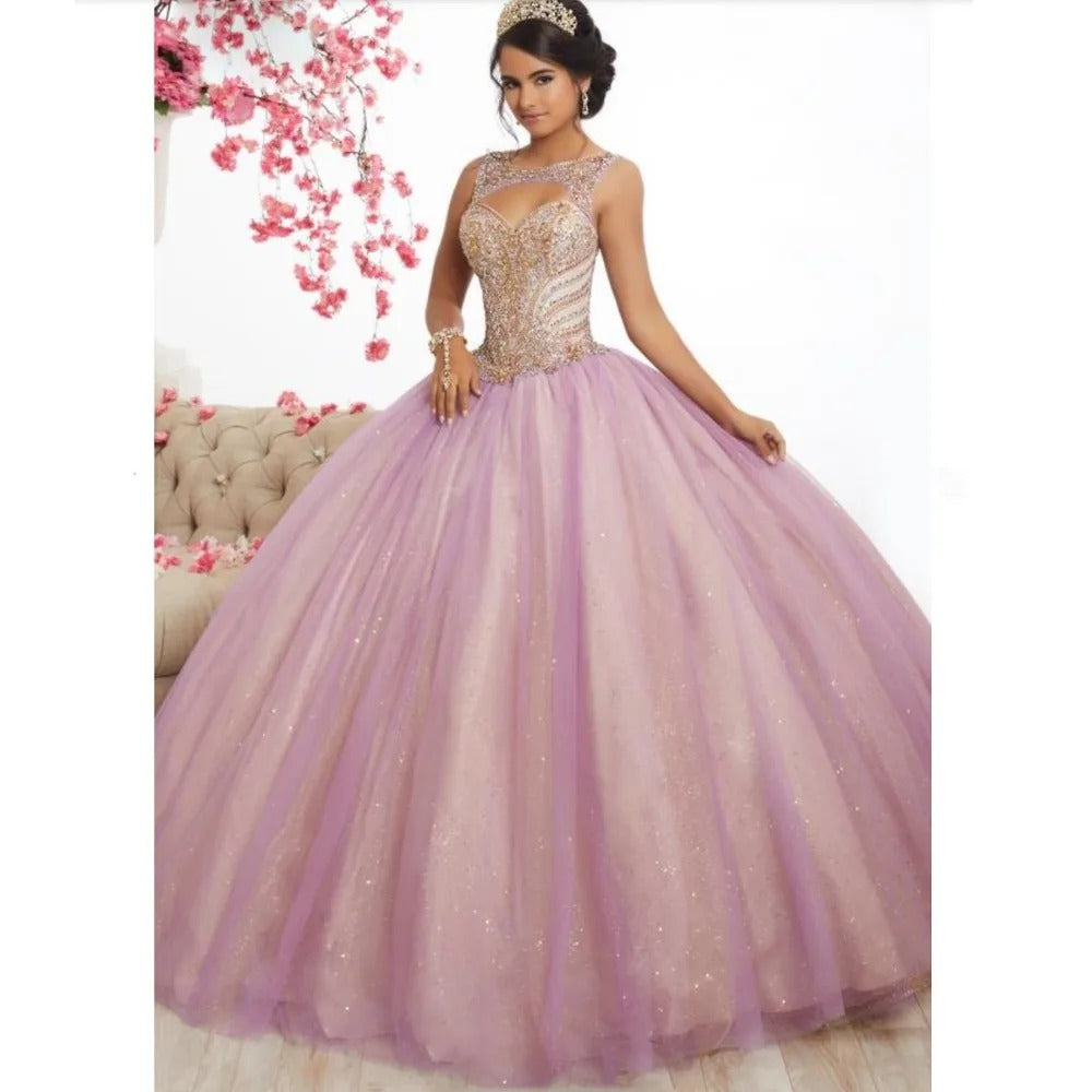 Pink Tulle Beaded Quinceanera Gown