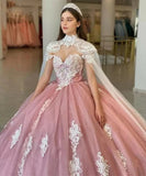 Pink Lace Appliqué Quinceañera Gown