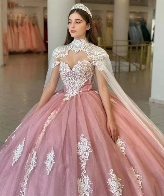 Pink Lace Appliqué Quinceañera Gown
