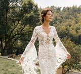 Vintage Long Flare Sleeves Floor Length Mermaid Wedding Dress