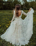V-Neck Backless Lace Appliques A Line Wedding Dress