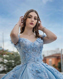 Shiny Blue Sequin Off-Shoulder Ball Gown