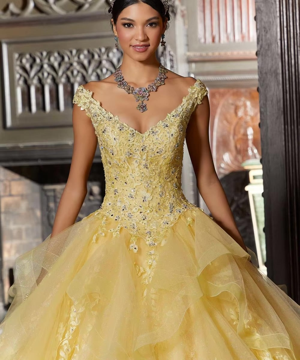 3D Floral Applique Bow Beading Ruffles Quinceanera  Dress