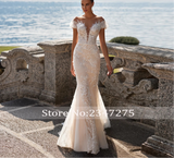 Appliques Lace V-Neck  Mermaid Wedding Dress with Sweep Train
