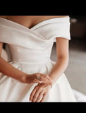 Elegant Off The Shoulder V-Neck Satin A Line Wedding Dress