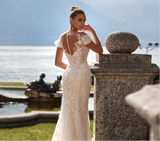 Appliques Lace V-Neck  Mermaid Wedding Dress with Sweep Train