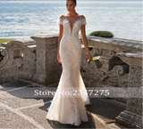Appliques Lace V-Neck  Mermaid Wedding Dress with Sweep Train