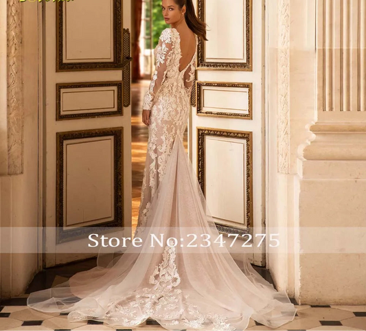 Deep V-Neck Long Sleeve  Lace Mermaid Wedding Dress