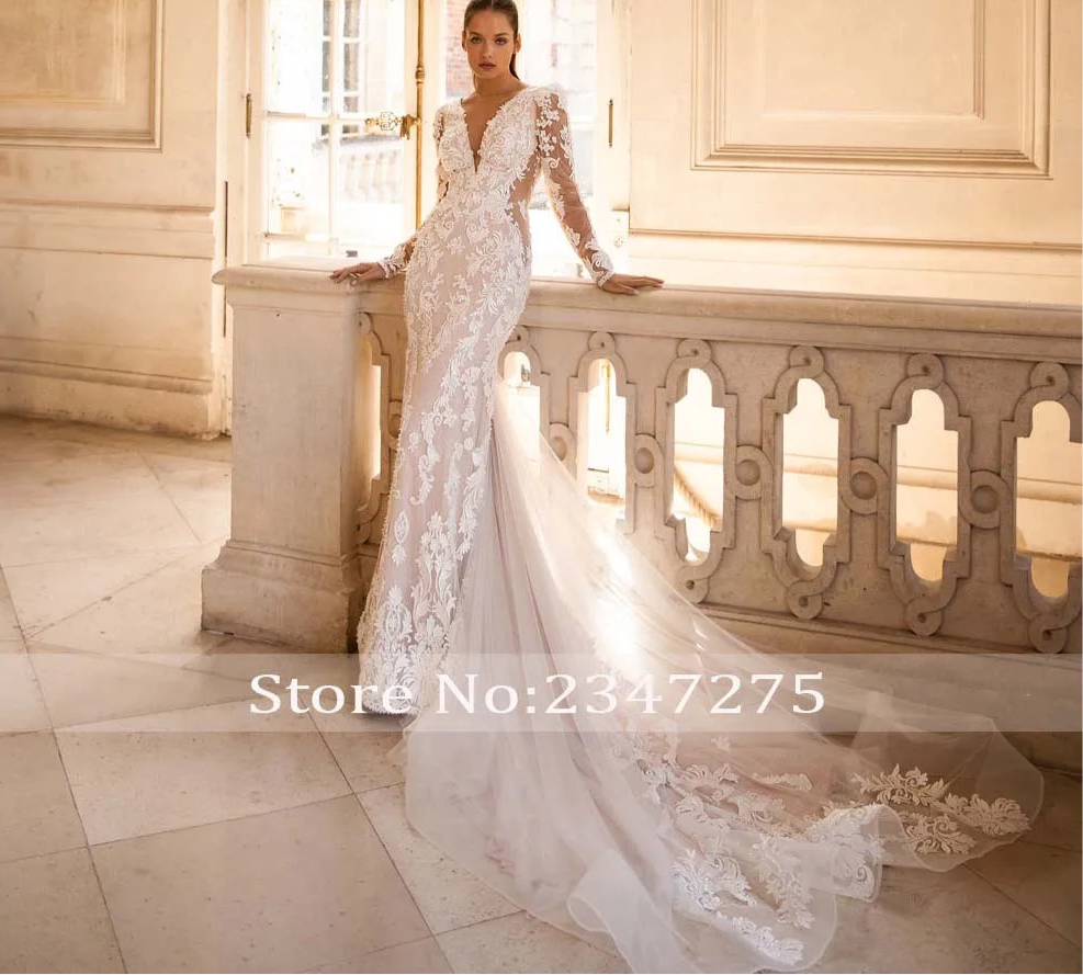 Deep V-Neck Long Sleeve  Lace Mermaid Wedding Dress