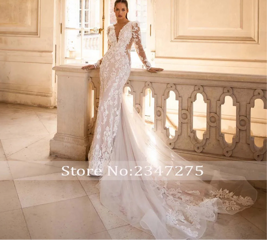 Deep V-Neck Long Sleeve  Lace Mermaid Wedding Dress