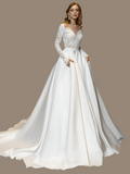 Fashion Long Sleeve Lace Appliques Satin A Line Wedding Dress