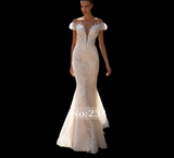 Appliques Lace V-Neck  Mermaid Wedding Dress with Sweep Train