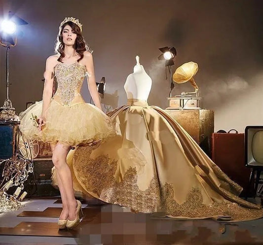 Elegant Gold Applique Ball Gown Dresses