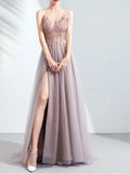 Elegant Embroidered Sling Evening Dress