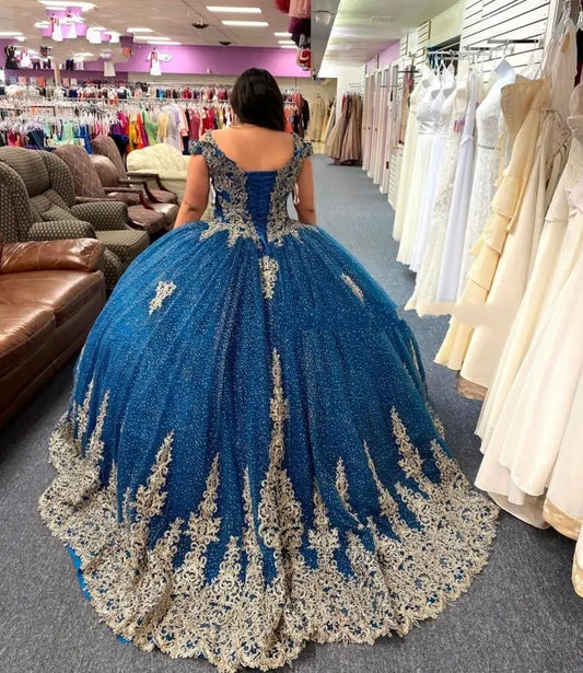 Shiny Blue Glitter Quinceañera Dress