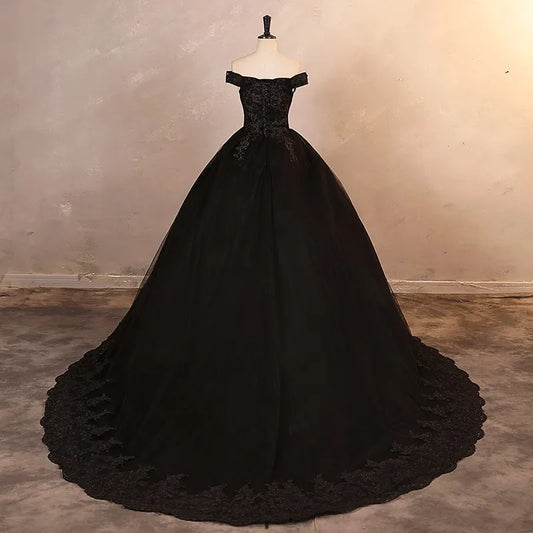 Elegant Black Off Shoulder A-Line Wedding Dress
