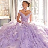 3D Floral Applique Bow Beading Ruffles Quinceanera  Dress