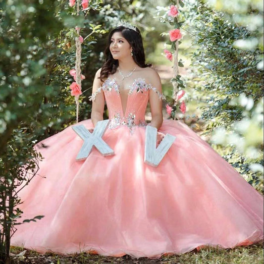 Pink XV Quinceañera Dress with Deep V Neck







