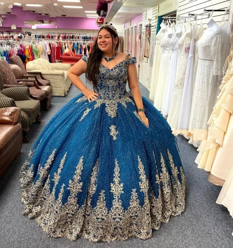 Shiny Blue Glitter Quinceañera Dress